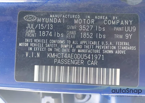 2013 Hyundai Accent Gls z USA, uszkodzony, nr VIN KMHCT4AE0DU541971